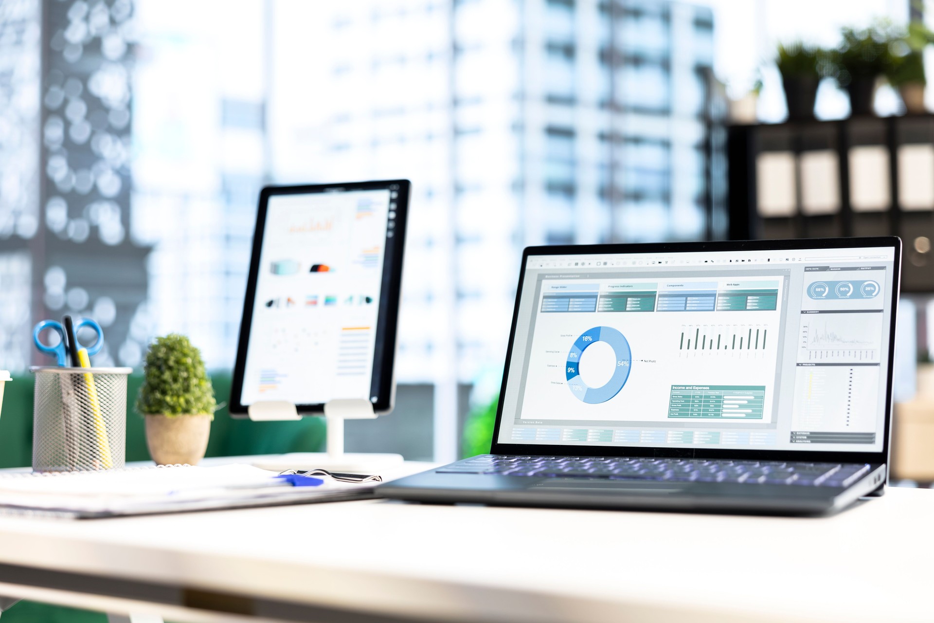 Modern work environment in a urban corporation downtown building